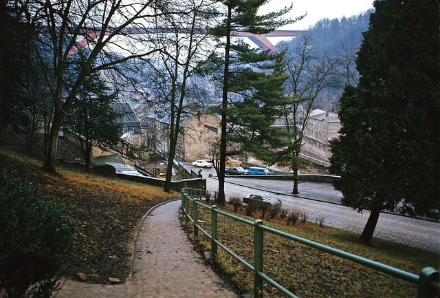 The Old Quarters and the Grand Duchess Charlotte Bridge, Luxembourg City, January 1972 — photo by John Beach