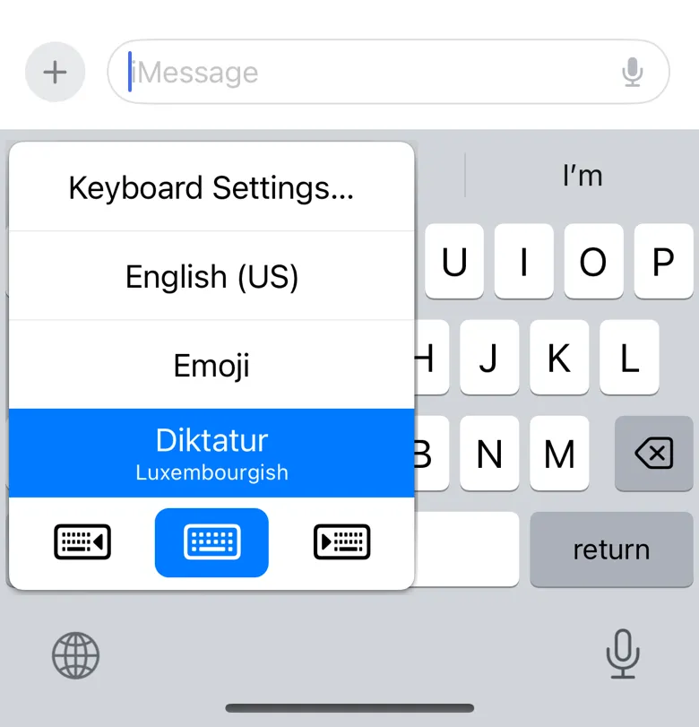 The iPhone keyboard menu in Messages, with the Diktatur keyboard (Luxembourgish) selected.